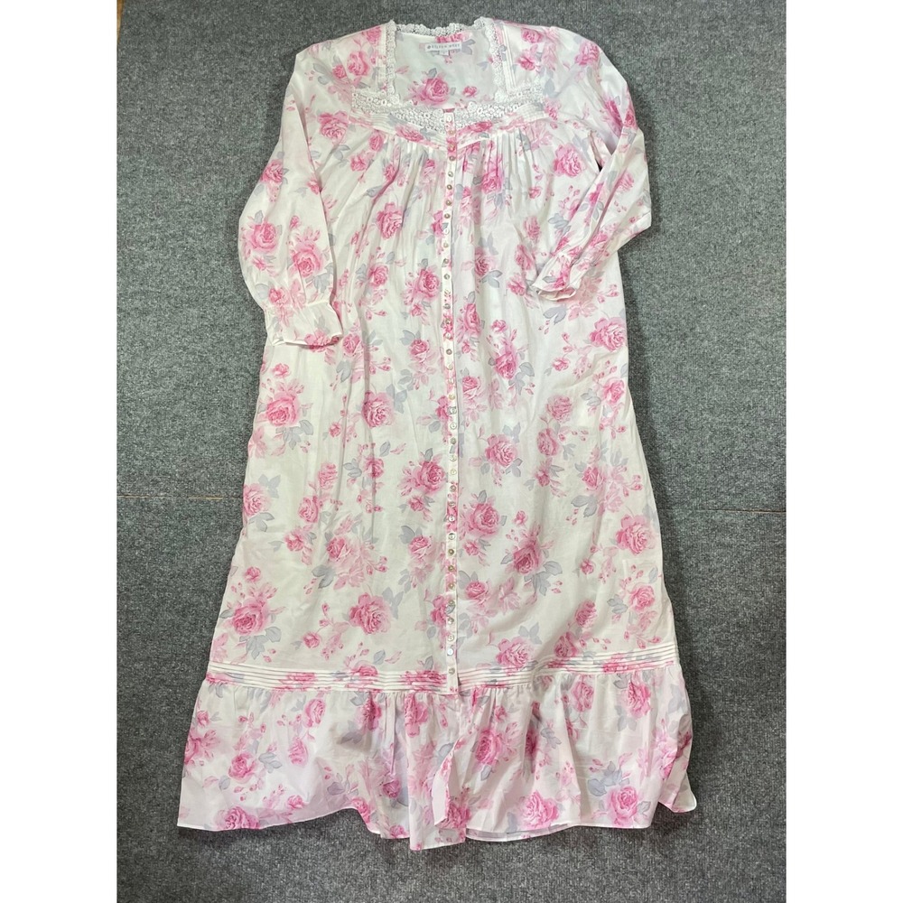 Eileen West Nightgown Size Small Pink Floral Cotton Button Front Ballet Long